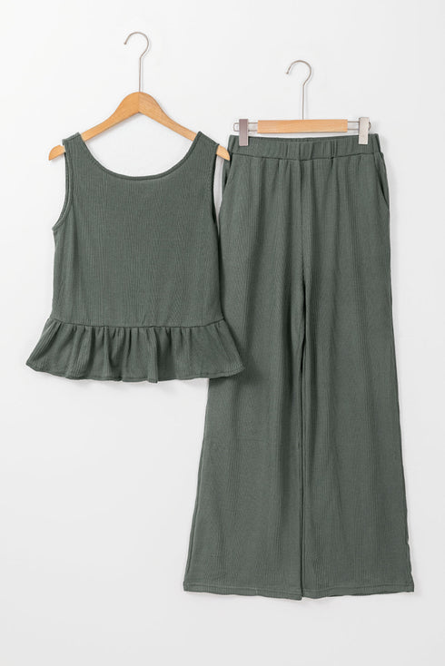 Solid Color Ribbed Ruffle Tank Top and Pants Set